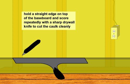 cutting caulk along top of baseboard to remove it