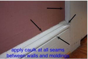 drawing demonstrating where to apply caulk on a baseboard and wall