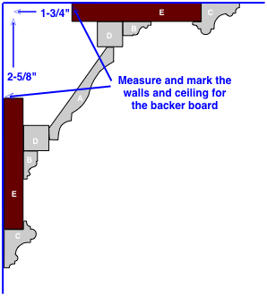 diagram for installing stacked crown molding, step one