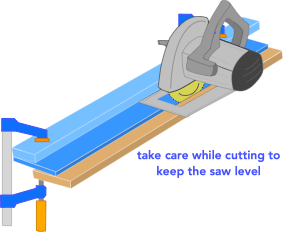 illustration demonstrating how to use a circular saw rip jig for narrow boards