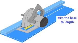illustration demonstrating how to trim a circular saw rip jig for narrow boards