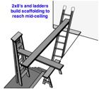 improvised scaffolding using ladders and lumber
