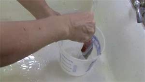 photo demonstrating how to wash a paint brush in a small pail