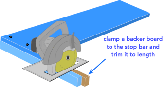 illustration demonstrating how to trim circular saw crosscut jig