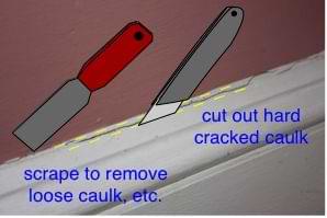 drawing demonstrating how to remove old, cracked caulking along a baseboard molding drawing demonstrating how to remove old, cracked caulking along a baseboard molding