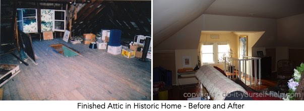 photo finished attic in historic home, before and after