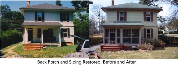 photo back porch restoration, before and after