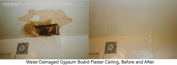 photo water damaged drywall ceiling repair, before and after