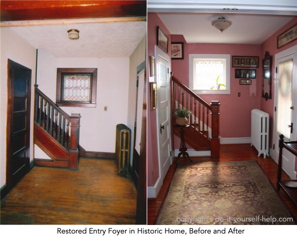 photo restored entry foyer in 1915 four square, before and after