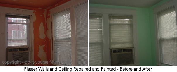 photo plaster walls and ceiling repaired and painted, before and after
