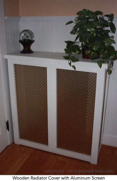 photo wooden radiator cover with perforated aluminum screen