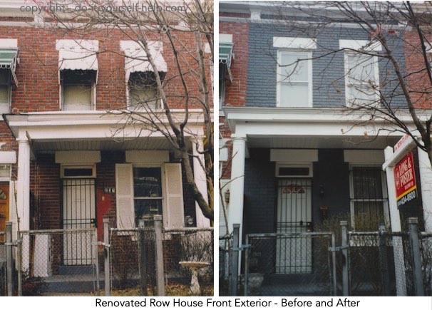 photo front exterior renovated row house, before and after