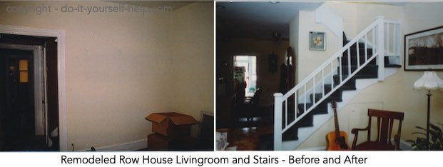 photo remodeled living room and stairs in row house, before and after