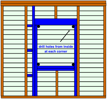 drawing demonstrating where to drill holes in siding to install a new window