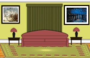 drawing of an interior room with green walls, a maroon couch, and dark wood end tables drawing of an interior room with green walls, a maroon couch, and dark wood end tables